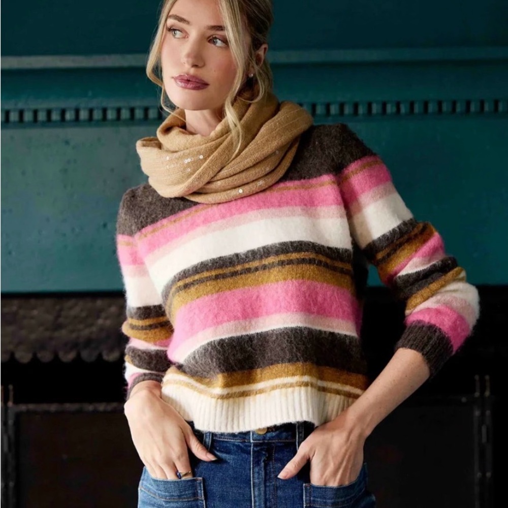 Kut From The Kloth Elvira Stripe Relaxed Knit Sweater Brown‎ Pink XS - Picture 2 of 8